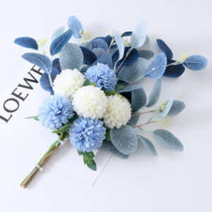 Faux Chrysanthemum & Eucalyptus Bouquet — Blue and White