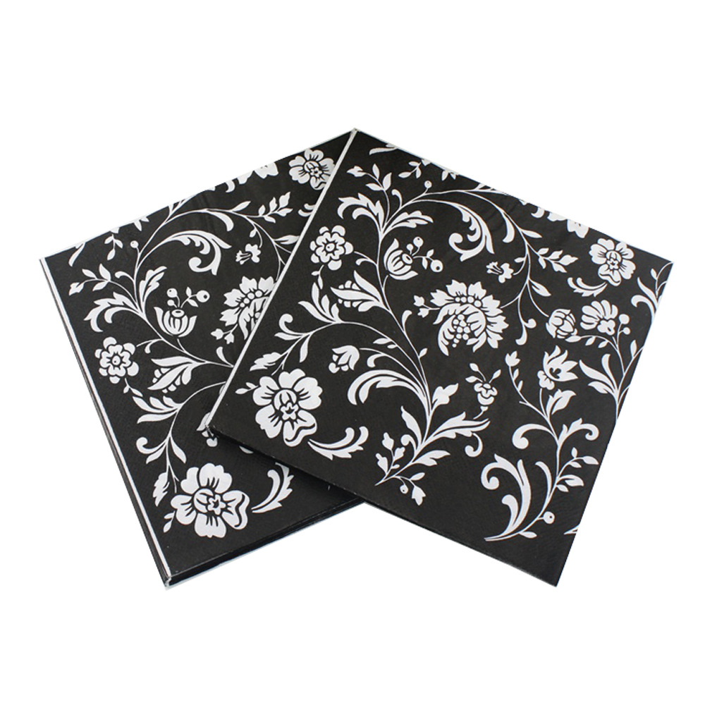 Black & White Floral Paper Napkins — Pack of 20