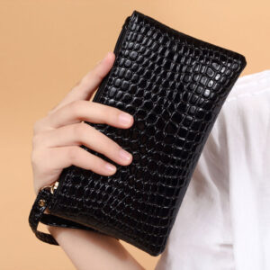 Croc-Texture Zipper Wallet — Black
