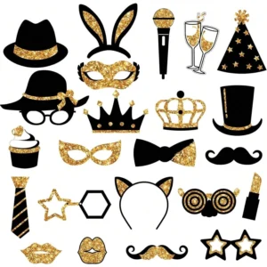Black & Gold Photo Booth Props — 24 Pieces